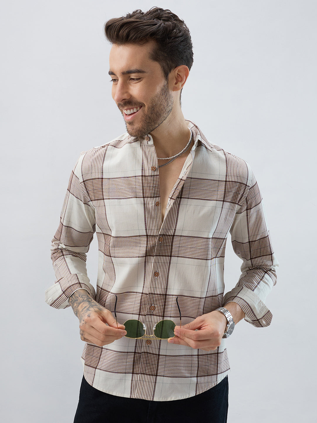 Off White & Brown Checkered Shirt