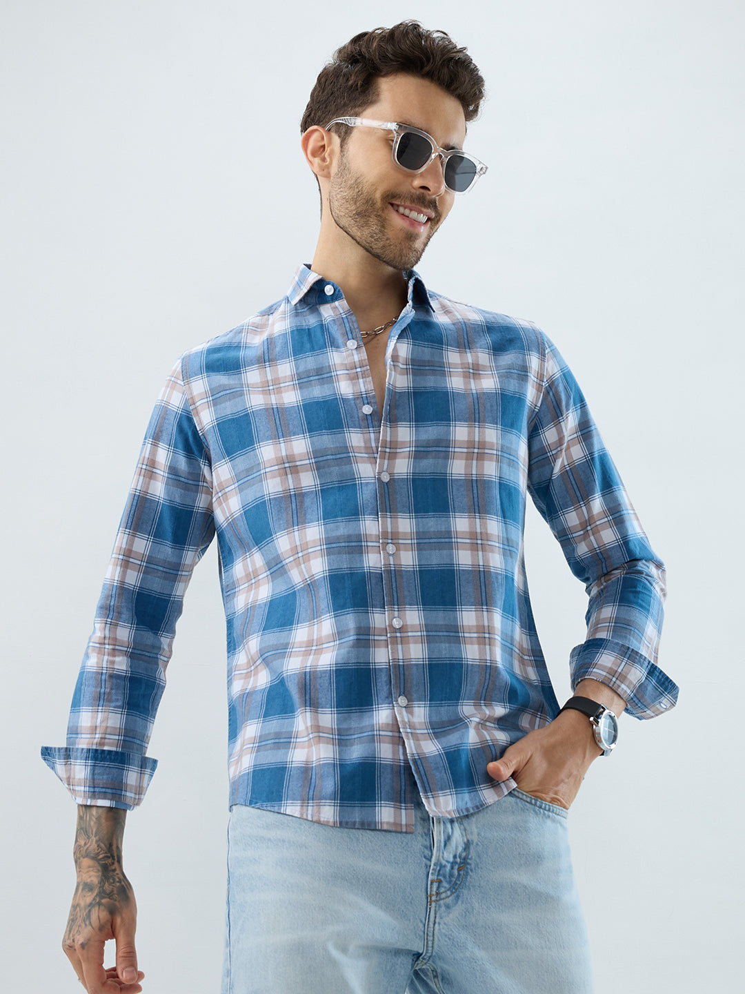 Premium Powder Blue Plaid Checks Denim Textured Shirt