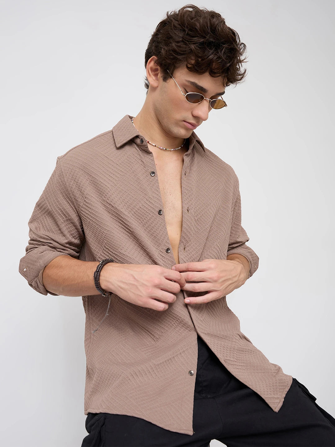 Bear Brown Maze Textured Knitted Shirt