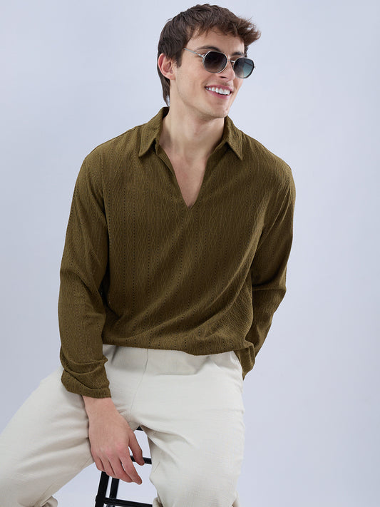 Olive Fine Lozenge Weave Polo Oversized Shirt
