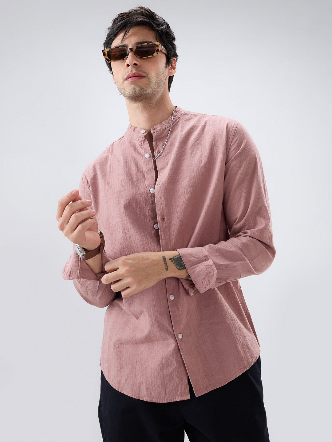 Deep Peach Seersucker Striped Mandarin Shirt