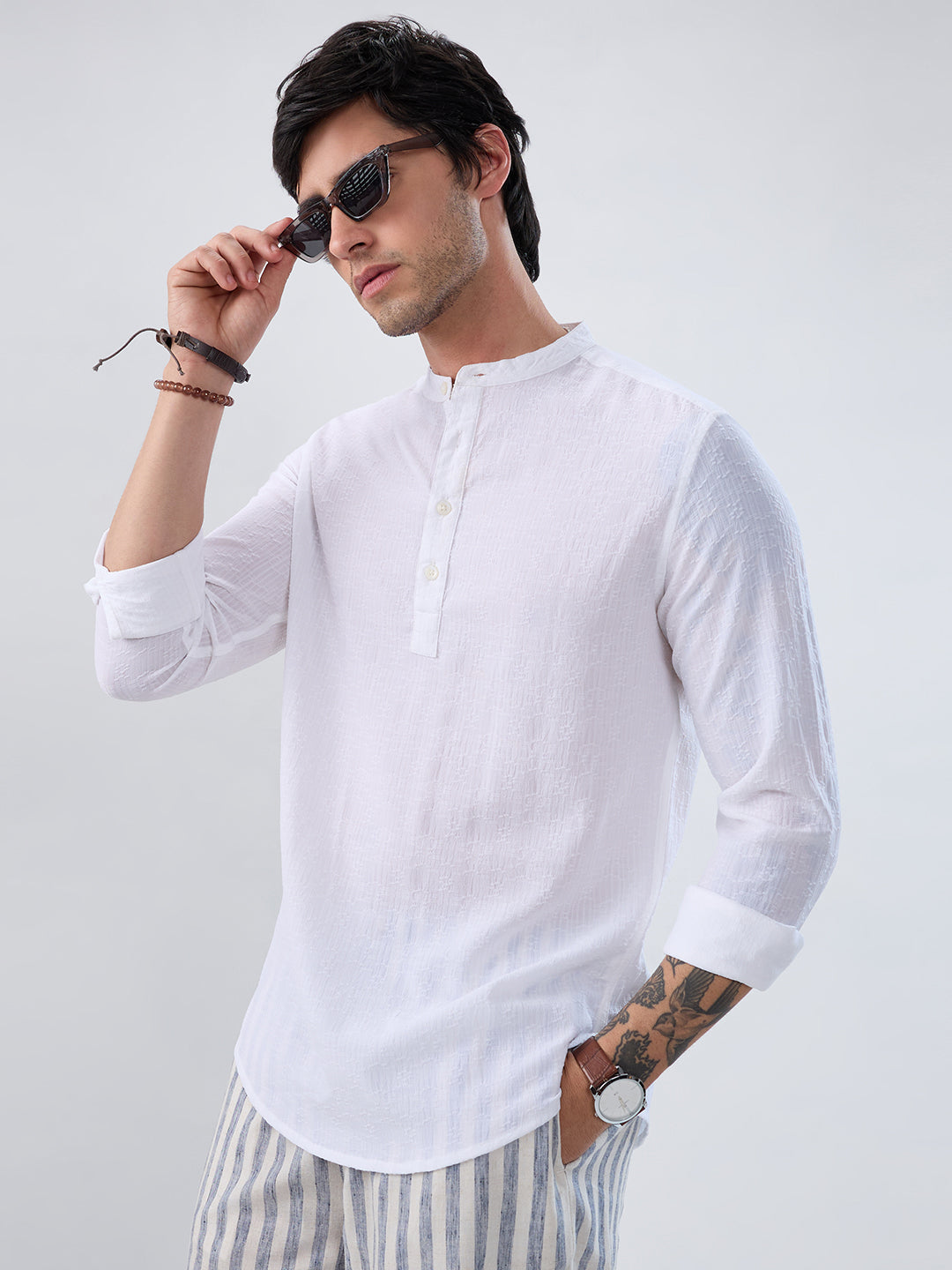 White Fine Weave Textured Kurta