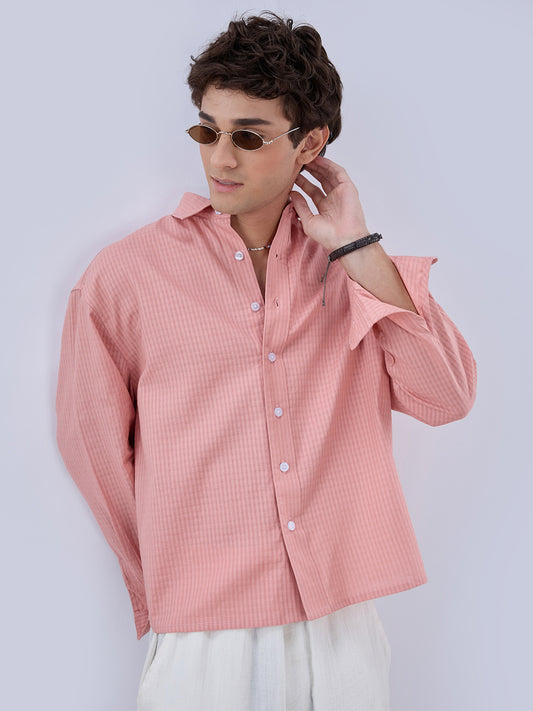 Warm Peach Micro Checks Fine Weave Shirt