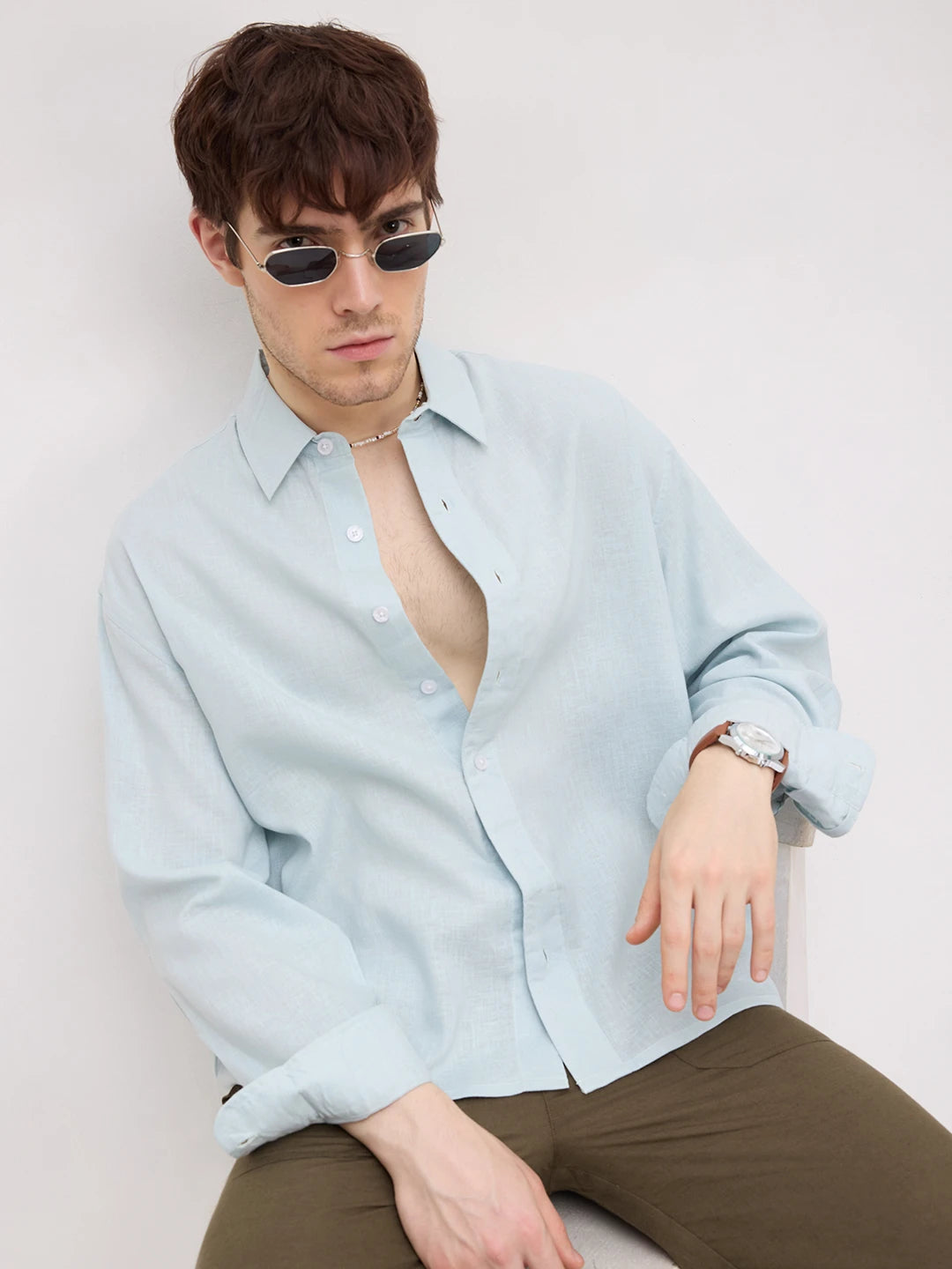 Sheer Baby Blue Boxy Fit Crop Shirt