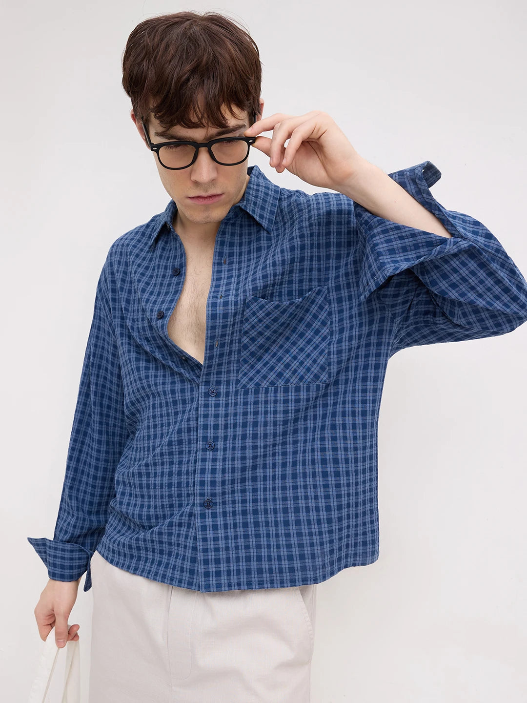 Prussian Blue Atelier Checked Boxy Fit Crop Shirt