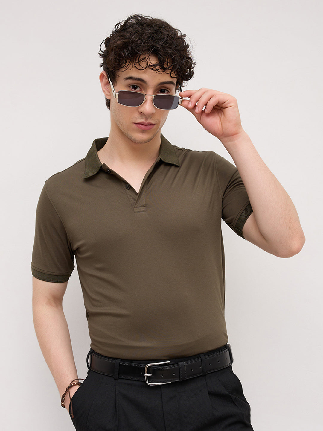 Plush Olive Honeycomb Polo Collar Knit T-Shirt