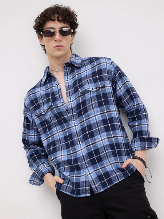 Blue Tartan Checkered Double Pocket Flannel Shirt