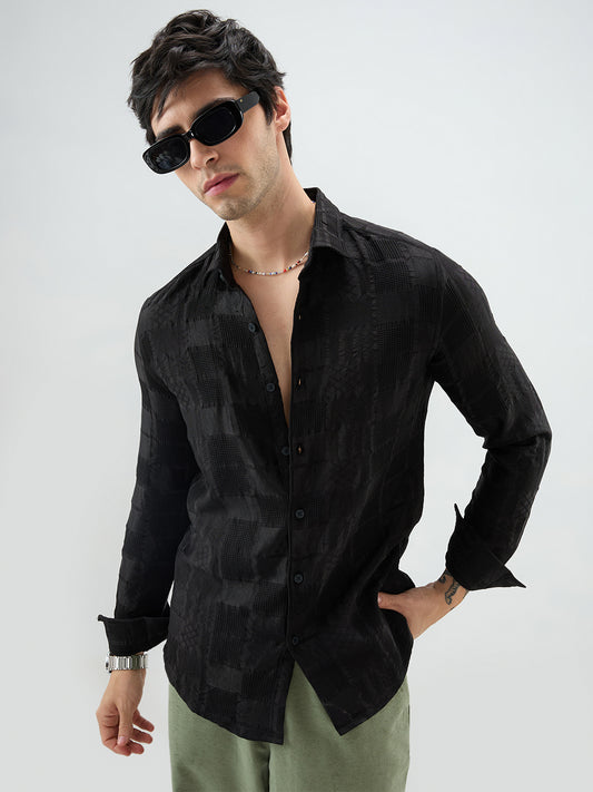 Jet Black Block Checks Motif Embossed Textured Shirt