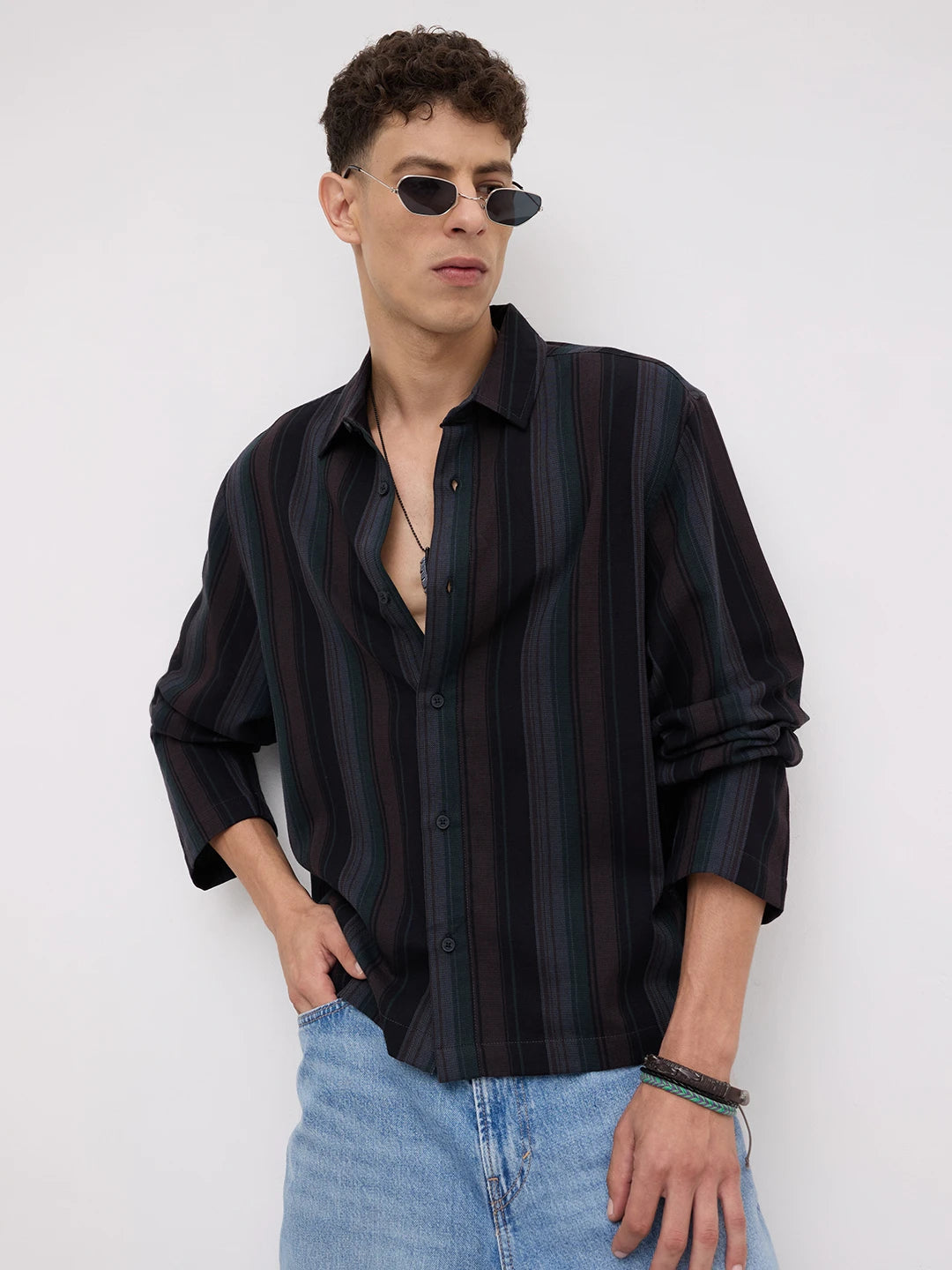 Luxe Brown Multi-Striped Cuffless Oversized Shirt