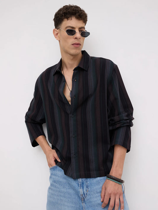 Luxe Brown Multi-Striped Cuffless Oversized Shirt