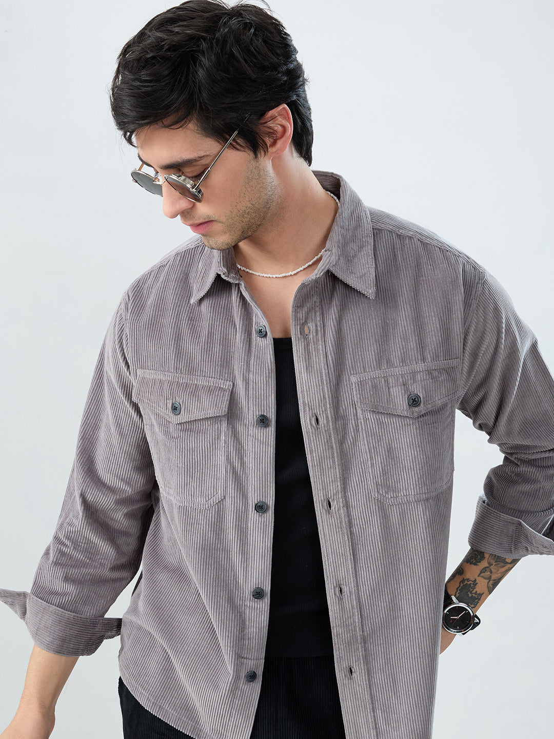 Cloud Grey Structured Corduroy Double Pocket Overshirt