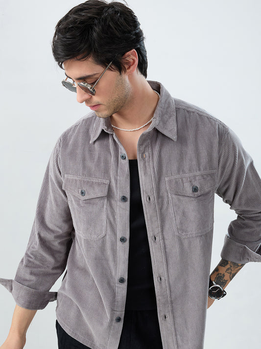 Cloud Grey Structured Corduroy Double Pocket Overshirt