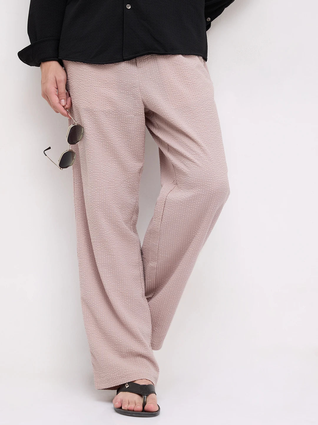 French Beige Seersucker Straight Fit Trousers