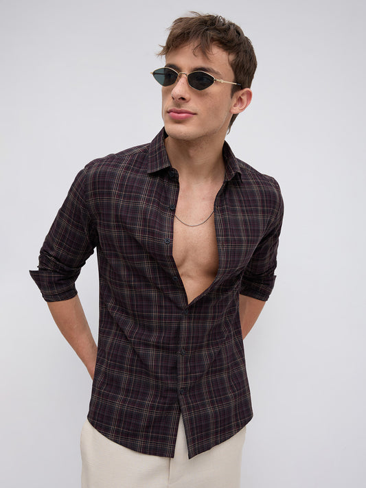 Elegant Deep Maroon Multi Checks Shirt