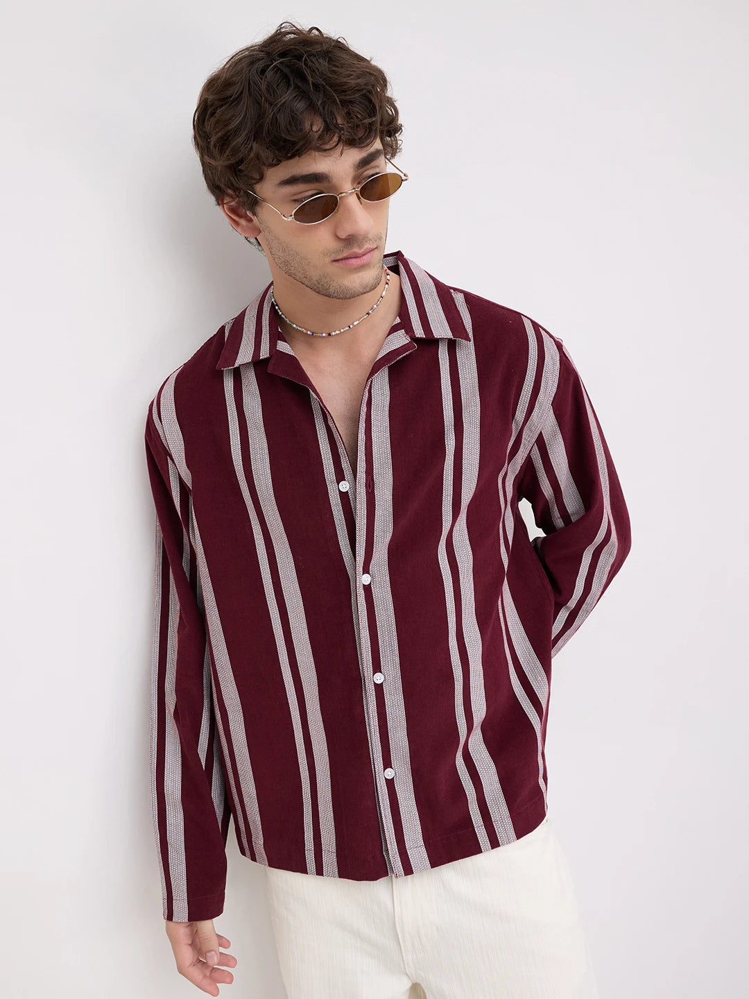 Luxe Maroon Contrast Striped Corduroy Notch Collar Oversized Shirt