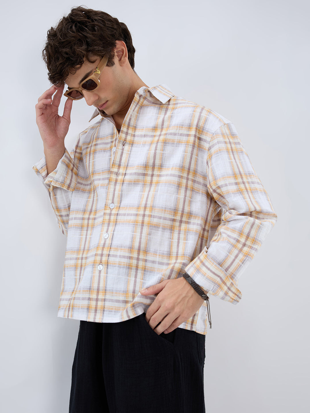 Premium Suncrest Plaid Textured Checks Boxy Fit Crop Shirt