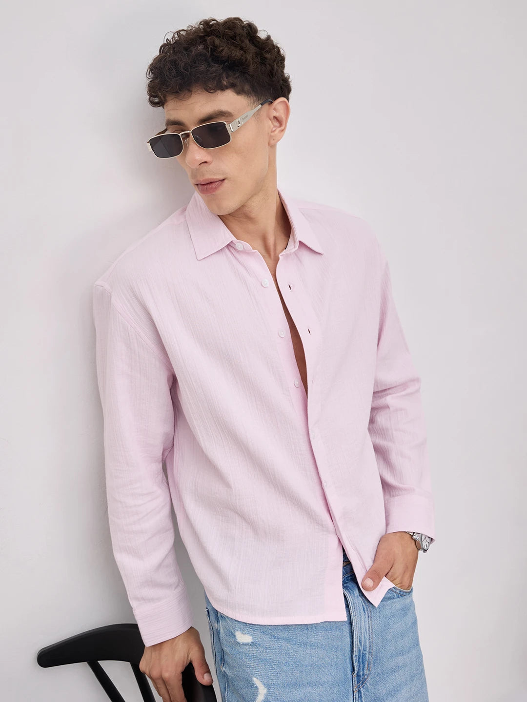 Soft Baby Pink Double Cloth Seersucker Striped Boxy Fit Crop Shirt