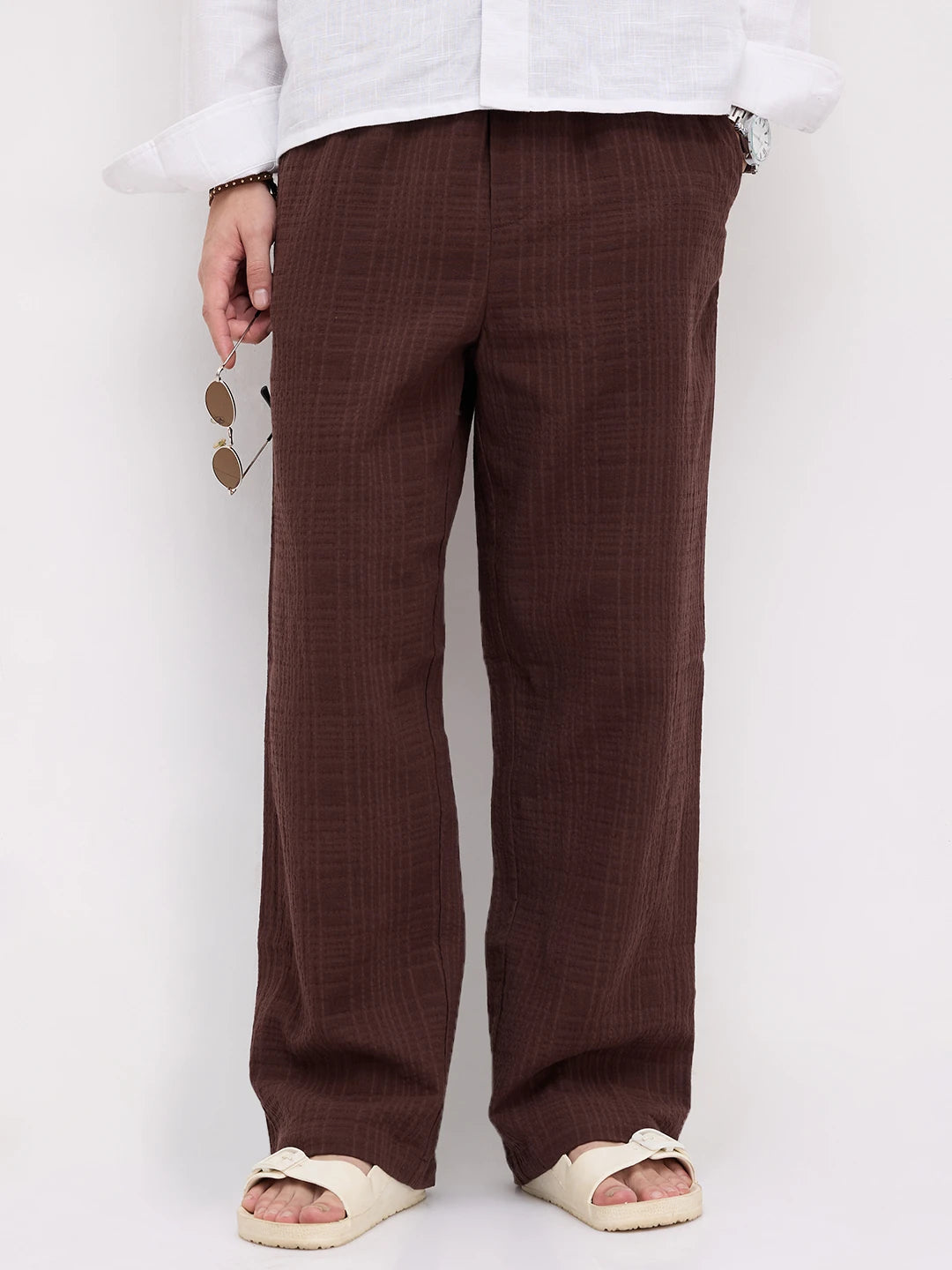 Coffee Brown Double Cloth Embossed Straight Fit Trousers