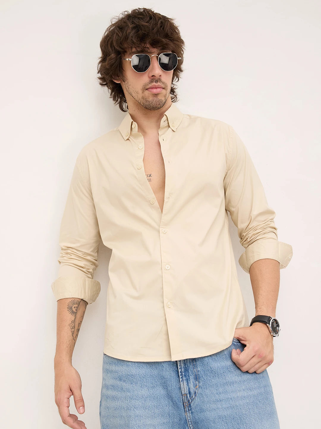 Luxe Beige Lyocell Button-Down Collar Shirt