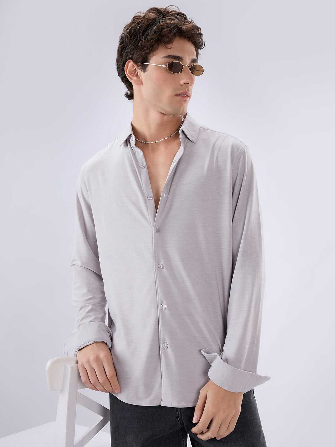 Classic Solid Plush Grey Knitted Shirt