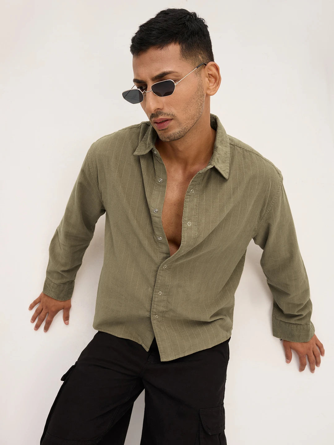 Luxe Olive Herringbone Corduroy Boxy Fit Crop Winter Shirt