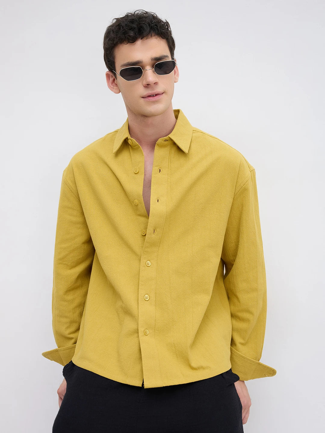 Intricate Dijon Yellow Textured Boxy Fit Crop Shirt
