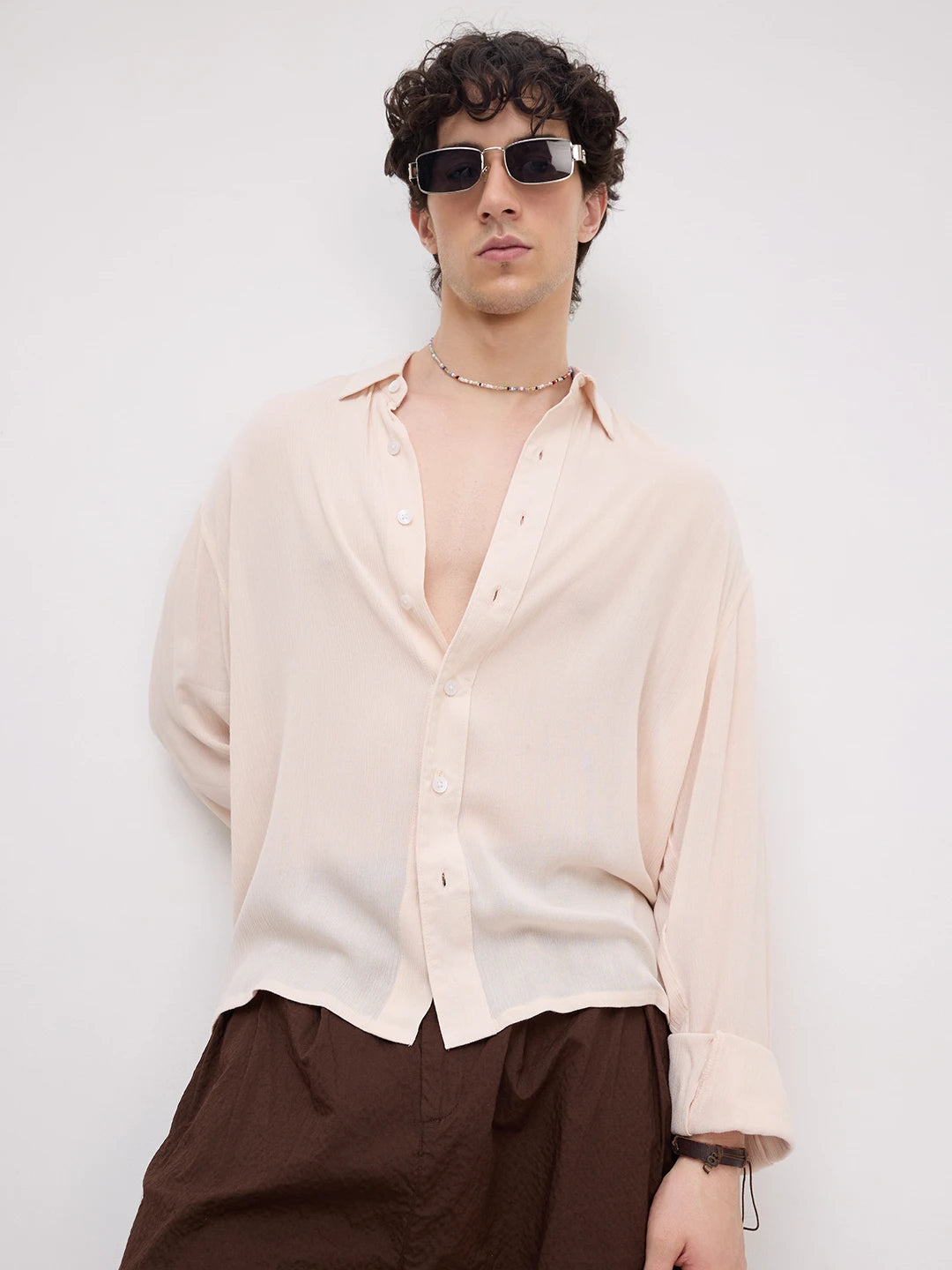 Soft Pastel Beige Crepe Textured Boxy Fit Shirt