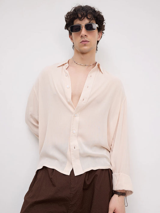 Soft Pastel Beige Crepe Textured Boxy Fit Shirt