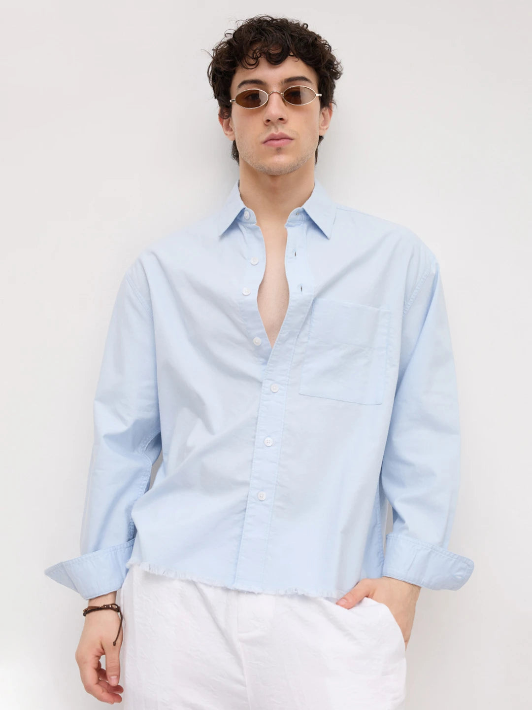 Carolina Blue Fine Textured Frayed Boxy Fit Crop Shirt