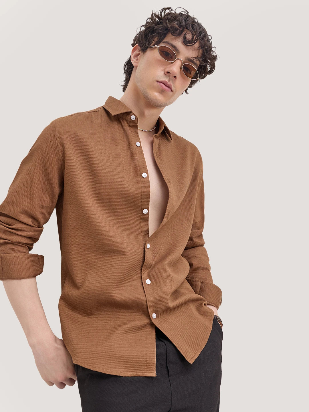 Elevated Russet Brown Honeycomb Weave Shirt