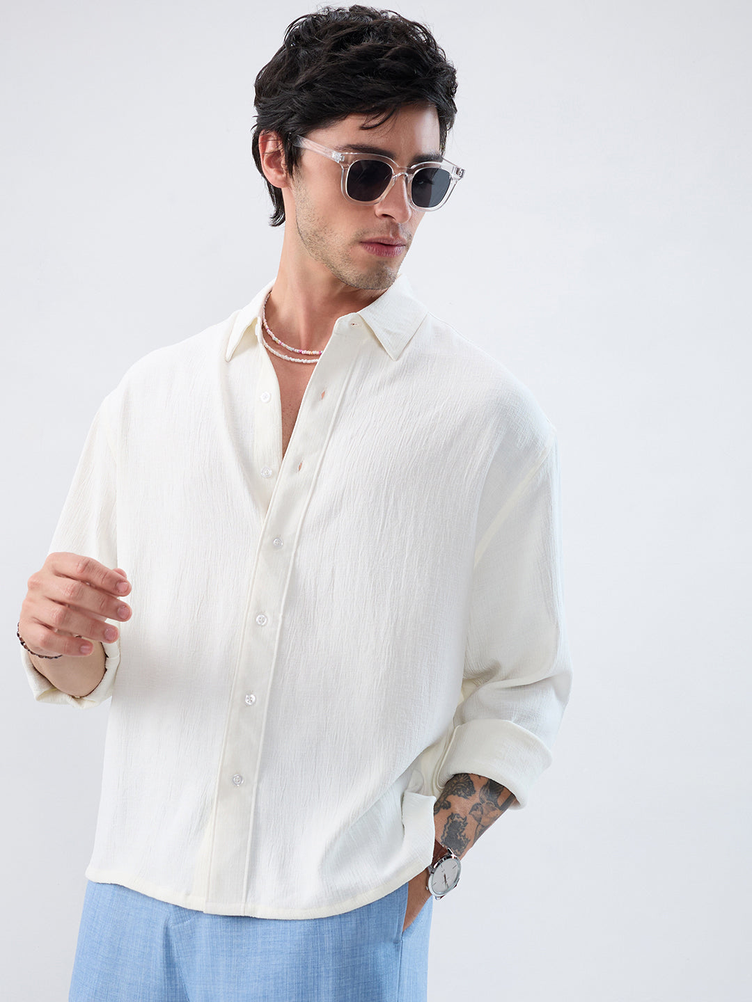 Pearl White Minimal Textured Boxy Fit Oversized Crop Shirt