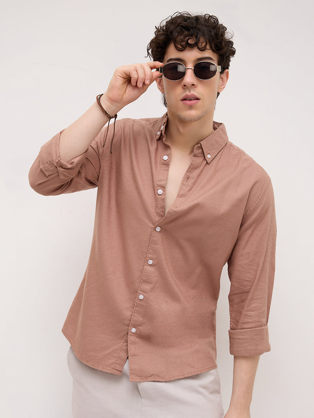 Creamy Coral Peach Button-Down Collar Linen Blend Business Shirt