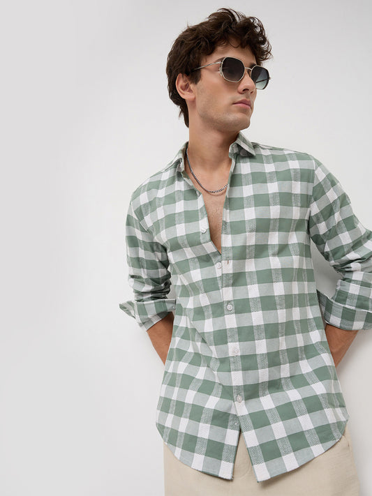 Premium Dusty Seafoam Green Jacquard Checks Shirt