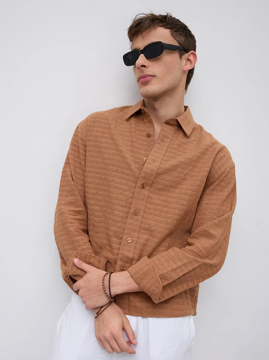 Burnt Ember Brown Block Weave Boxy Fit Crop Shirt