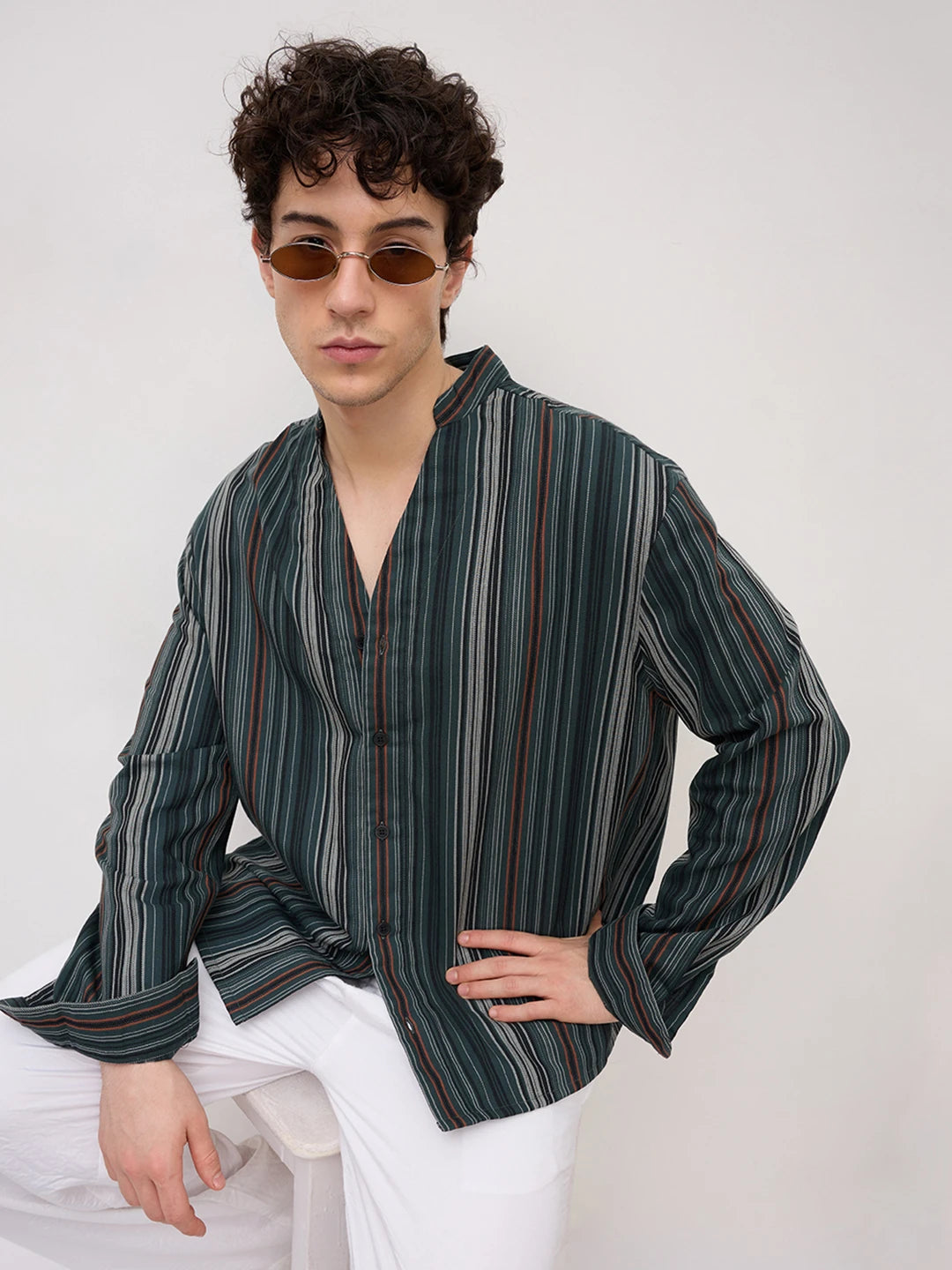 Evergreen Multi-Striped Stand Collar Oversized Shirt