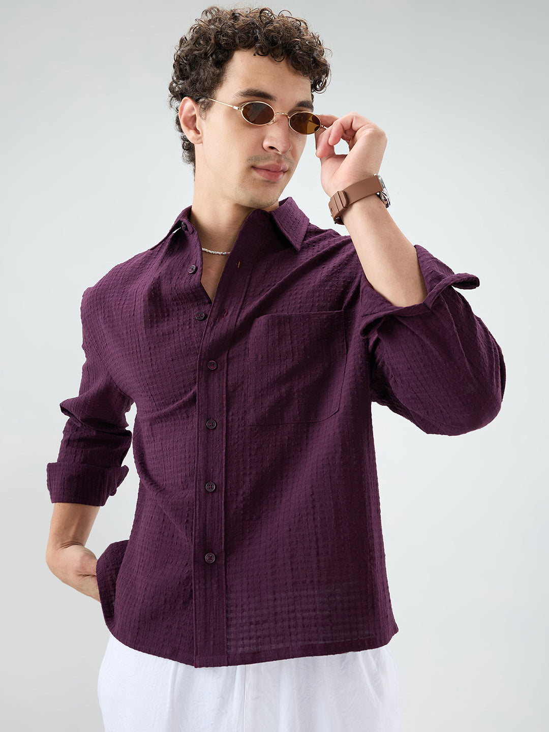 Wine Micro Box Textured Boxy Fit Crop Shirt