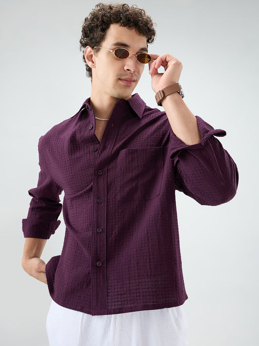 Wine Micro Box Textured Boxy Fit Crop Shirt