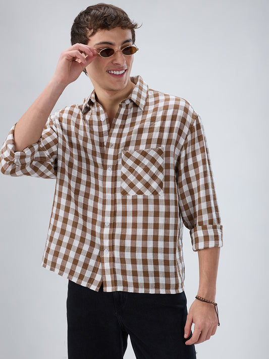 Cocoa Brown & White Ghingam Checks Boxy Fit Crop Shirt