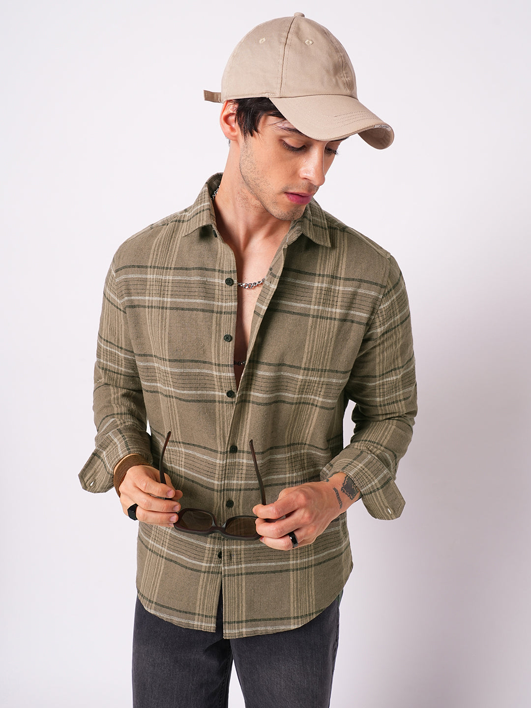 Burlap Saddle Brown Plaid Checks Textured Shirt