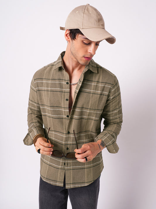 Burlap Saddle Brown Plaid Checks Textured Shirt