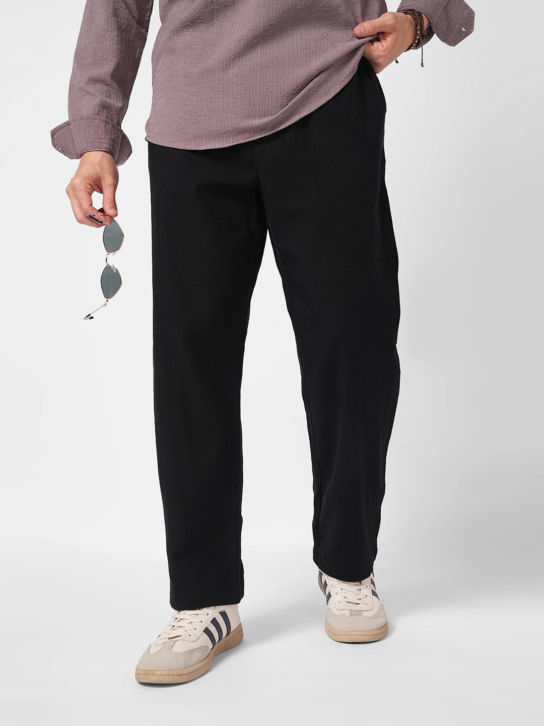 Black Diagonal Twill Textured Tapered Trousers
