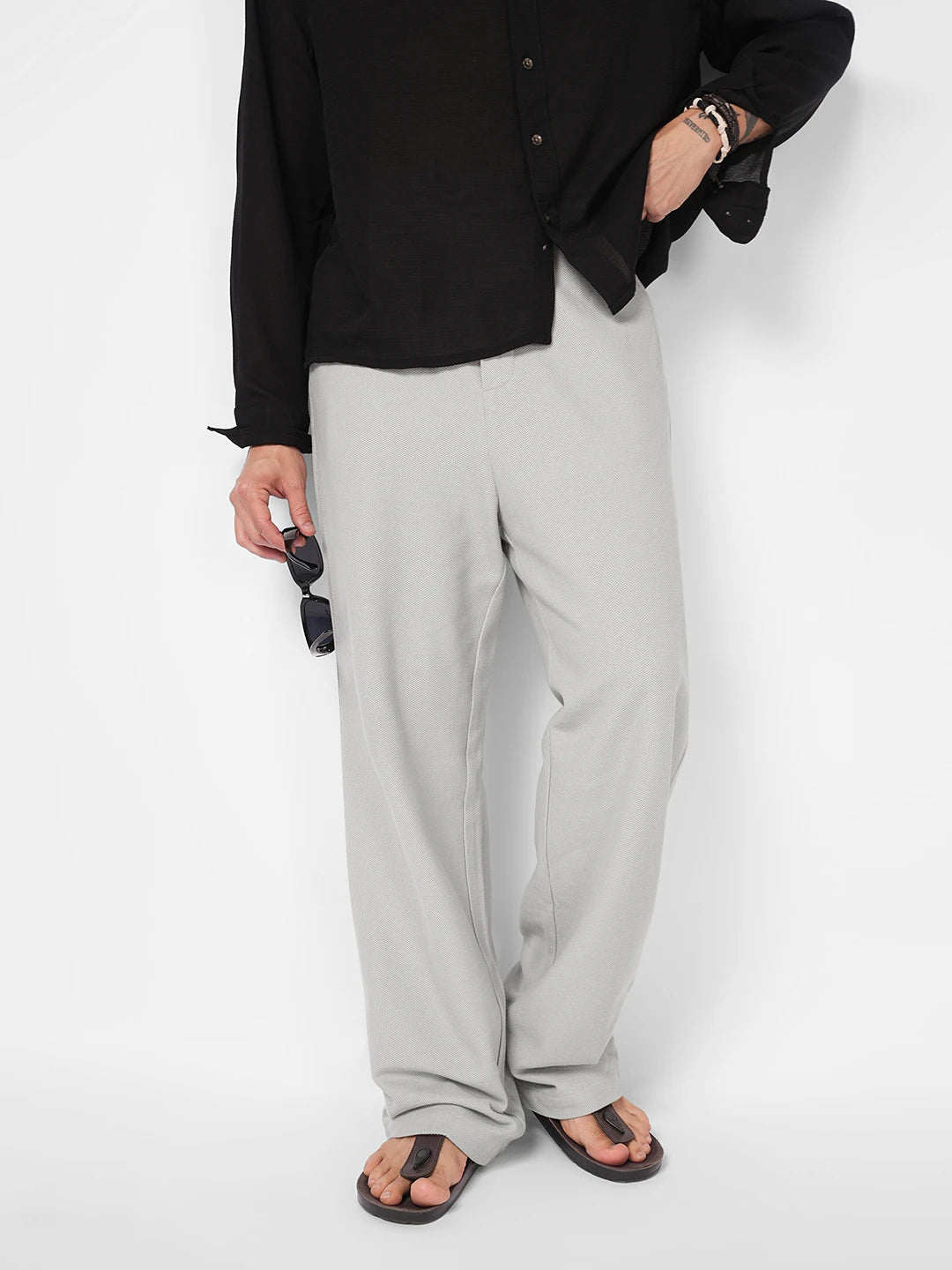 Grey Honeycomb Textured Knitted Straight Fit Trousers