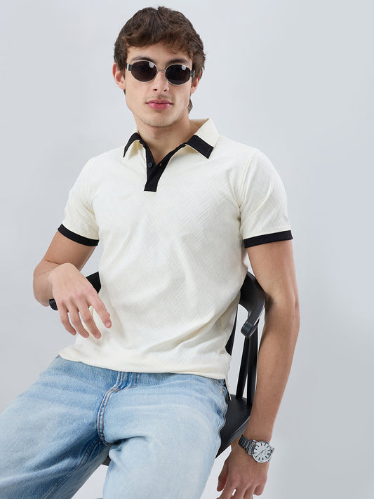 Chalk-White Chevron Contrast Polo Neck Knit T-shirt