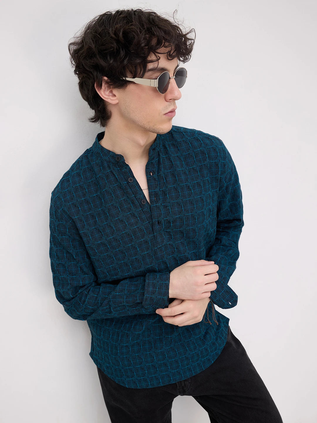 Rich Architectural Weave Teal Checks Kurta