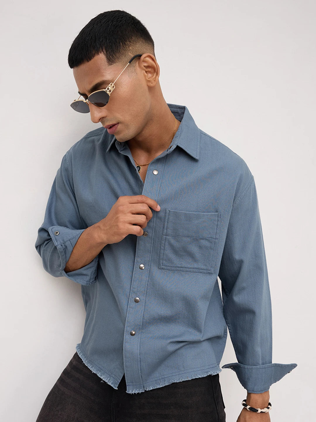 Spruce Blue Fine Textured Boxy Fit Crop Overshirt
