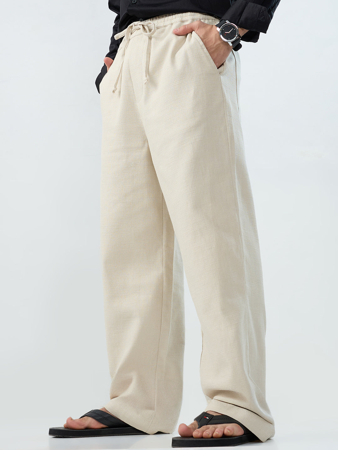 Beige Slub Textured Straight-Fit Trousers
