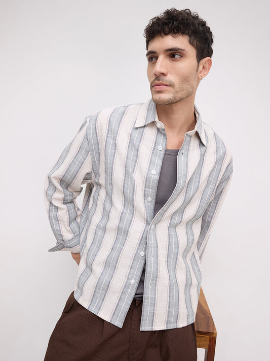 Sage Field Multitone Loomstriped Boxy Fit Crop Shirt