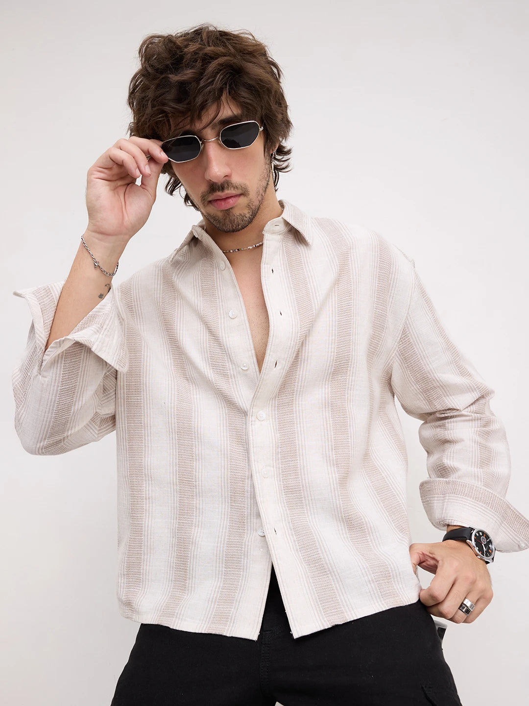 Premium Natural Beige Finegrain Striped Boxy Fit Crop Shirt