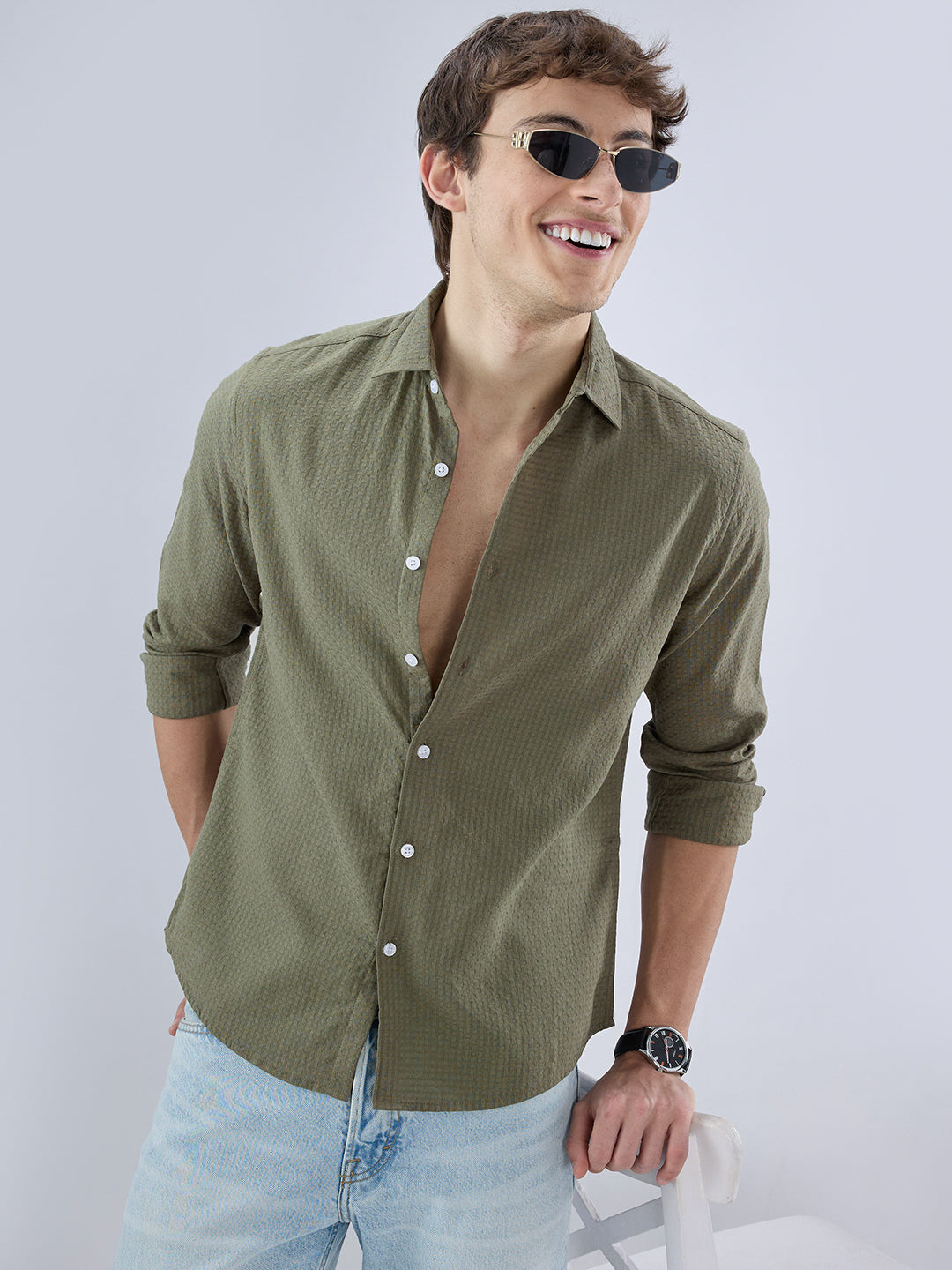 Olive Open Weave Refined Textured Checks Shirt