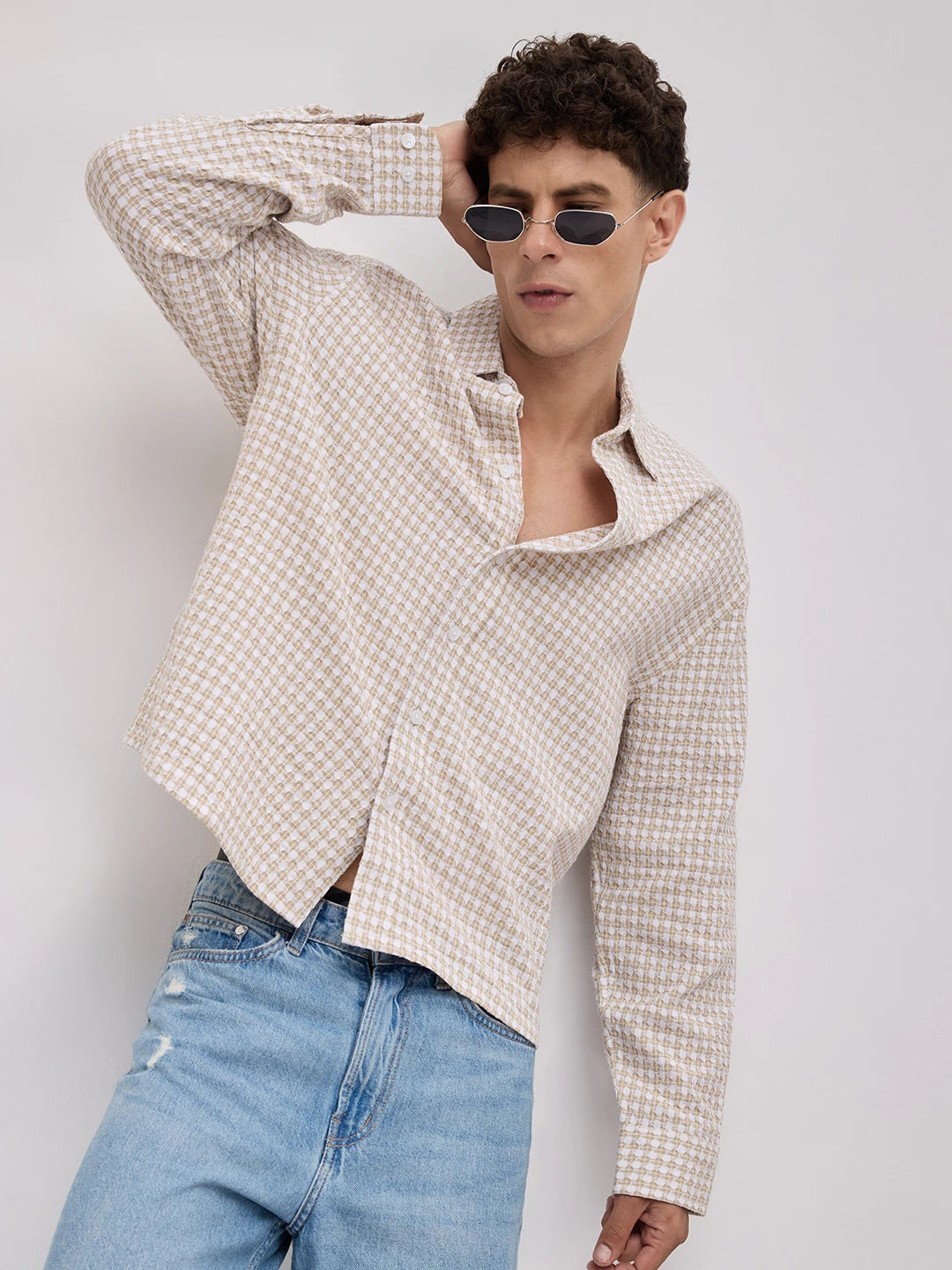 Beige Mosaic Textured Boxy Fit Crop Shirt